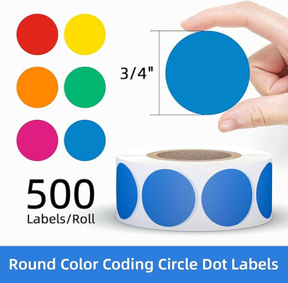 3000 PCS Printholic 3/4" Round Color Coding Circle Dot Sticker Labels 6 Color Includes Bright Yellow Green Red Pink Orange Blue(500 Labels/Roll)