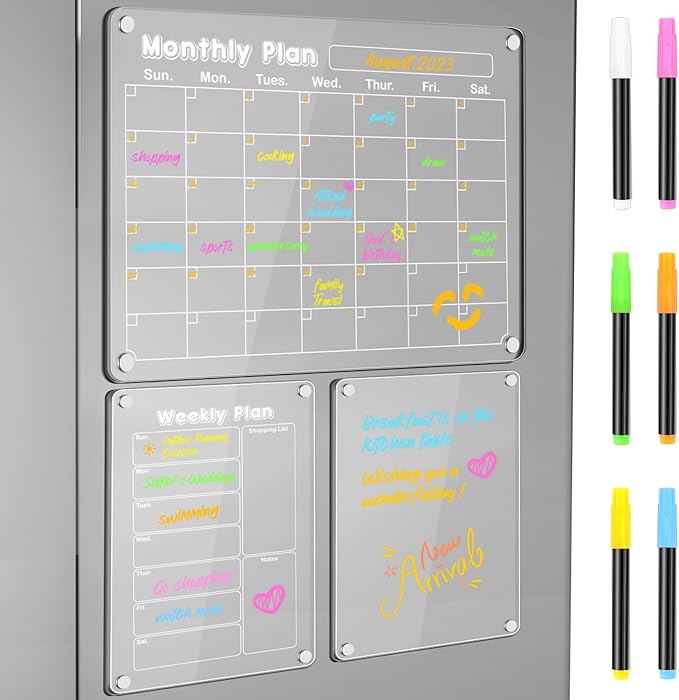 DIYMAG 3Pack Acrylic Magnetic Dry Erase Calendar for Fridge, Clear Acrylic Calendar Planning Board Set Magnetic Weekly Monthly Planner Memo Board for Refrigerator with 6 Highlight