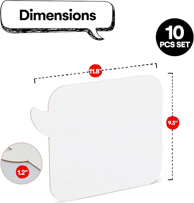 Speech Bubble White Board - Set of 10 - Dry Erase Answer Paddle for Kids and Adults - Smooth Surface for Easy Writing and Wiping - Reusable Paper Material - White