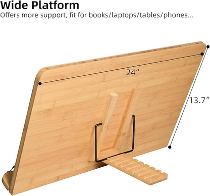 wishacc 24" Oversized Large Bamboo Book Stand & Holder for Reading Hands Free for Large Books in Bed,Cookbook,Textbook,Law,with 8 Adjustable Height Laptop Stand