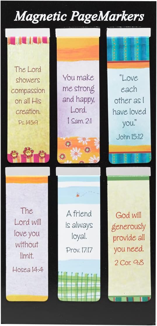 Christian Art Gifts Magnetic Scripture Bookmark Set with Love Joy and Friendship - Inspirational Whimsical Friend Themed Magnetic Bible Verse Pagemarker Set of 6 for Bibles and Books, Size 2.3” x 0.8”