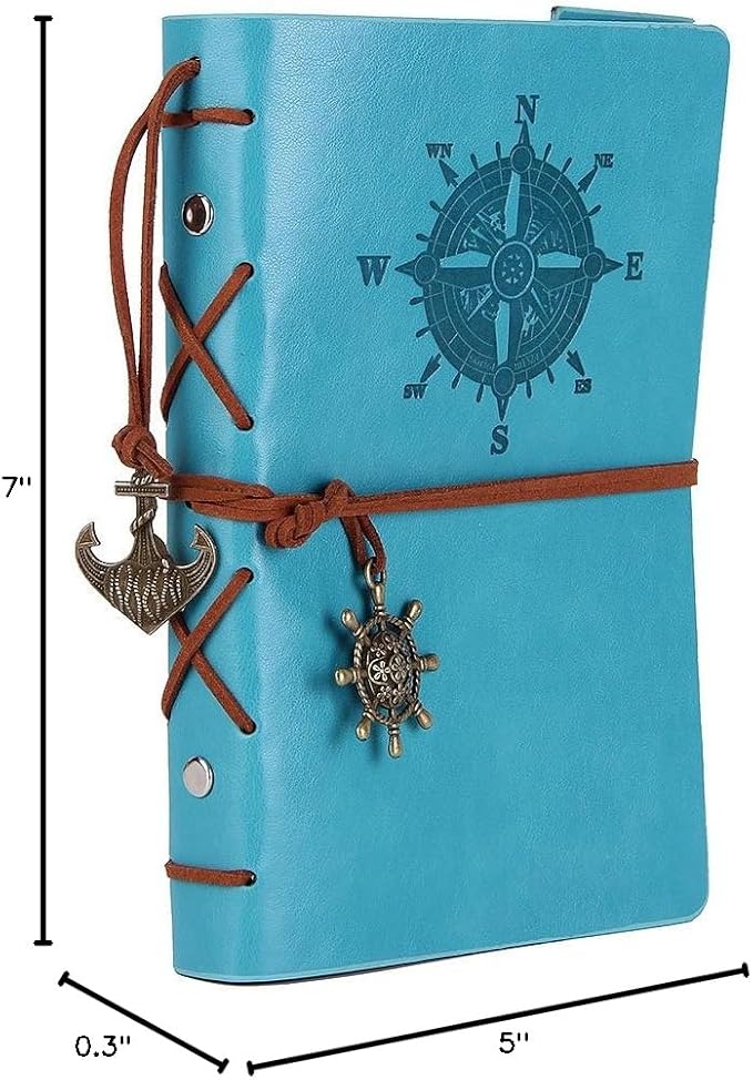 EvZ Leather Writing Journal Notebook, 7 Inches Vintage Nautical Spiral Blank String Diary Notepad Sketchbook Travel to Write in, Unlined Paper, Retro Pendants, Classic Embossed, Sky Blue