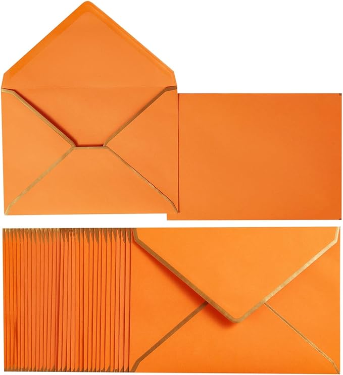 50 Pack Dark Orange A7 Envelopes 5 x 7 Self-Adhesive V Flap Envelopes with Gold Border for Office, Greeting Card, Wedding, Graduation, Baby Shower, Parties, Invitations (5x7 inches)