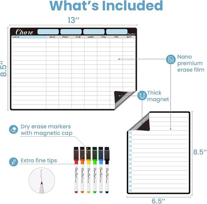 Magnetic Dry Erase Chore Chart - 8.5"x13" Chore Chart for Kids, Teens and Adults - 6.5"x8.5" List Board for Fridge - 6 Extra Fine Point Markers Included - Shipped Flat