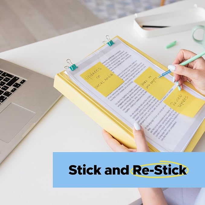 Post-it 100% Recycled Paper Super Sticky Notes, Canary Yellow, Lined, 4 in. x 6 in., 4 Sticky Note Pads, 45 Sheets per Pad, School Supplies and Office Products