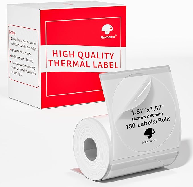 Phomemo Transparent Thermal Label, Round Label for Phomemo M110/M220/M120/M200/M221/M150/M250 Label Printer, Self-Adhesive Thermal Printer Paper, 1.57"x1.57"(40x40mm) 180 Labels/Roll, Clear