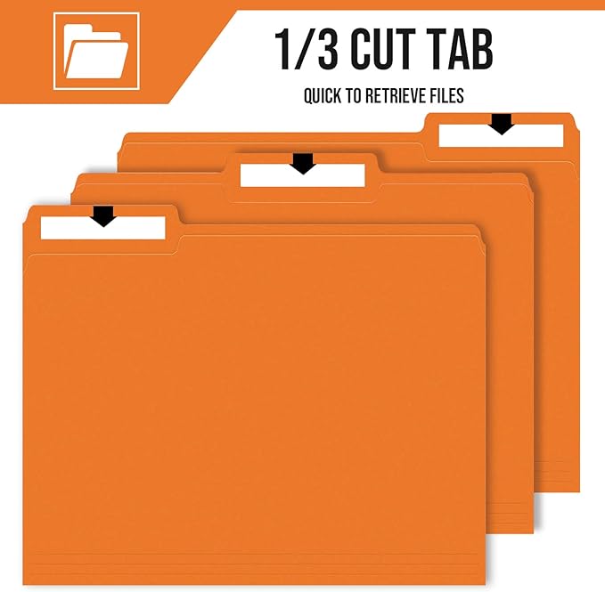 File Folders,IntoJoy 120 Pack Colored File Folder Letter Size, 1/3 Cut Tab Filing Folders for Office School Business File Document Organization,Orange
