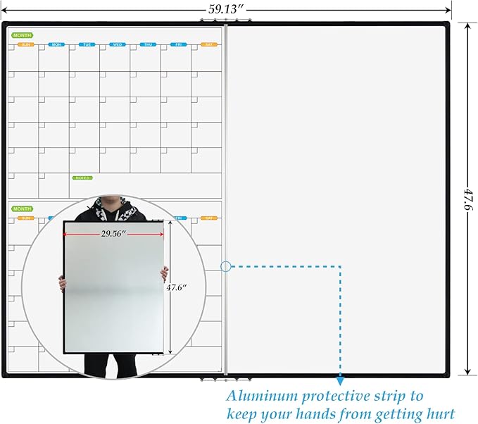 JILoffice Magnetic Foldable Dry Erase Calendar Whiteboard Combo, 2 Month Calendar Board & White Board 60 X 48 Inch, Black Aluminum Frame Wall Mounted Board for Office Home and School