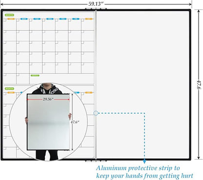 JILoffice Magnetic Foldable Dry Erase Calendar Whiteboard Combo, 2 Month Calendar Board & White Board 60 X 48 Inch, Black Aluminum Frame Wall Mounted Board for Office Home and School