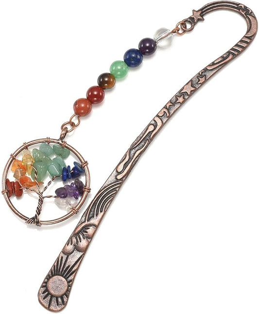 Jovivi Antique Copper Metal Bookmark Beading Bookmarks with Handmade 7 Chakra Healing Crystals Tree of Life Tumbled Gemstones and Round Beads