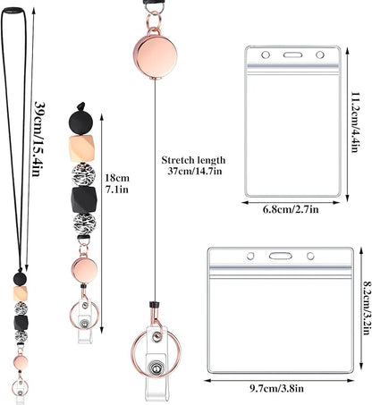 9 in 3 Set Retractable Lanyard for ID Badges, Teacher Lanyard with ID Holder Beaded Lanyards for Women Teacher Appreciation Gifts Stocking Stuffers for Girls