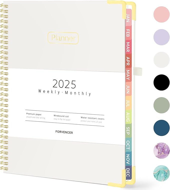 Forvencer 2025 Planner, Hardcover Weekly and Monthly Planner, January 2025 - December 2025, 8.5" x 11", Spiral Calendar Planner with Tabs, Exquisite Daily Organizer Notebook with Inner Pocket, Agenda Journal for Office Home School, A4 Size, Beige