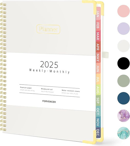 Forvencer 2025 Planner, Hardcover Weekly and Monthly Planner, January 2025 - December 2025, 8.5" x 11", Spiral Calendar Planner with Tabs, Exquisite Daily Organizer Notebook with Inner Pocket, Agenda Journal for Office Home School, A4 Size, Beige