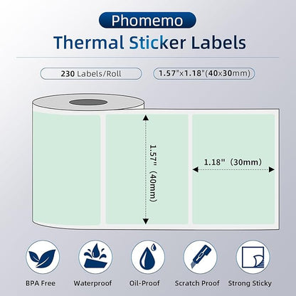 Phomemo Thermal Labels for M110/M120/M220/M150/M250/M221 Label Maker, Self-Adhesive Thermal Label 1.57"x1.18"(40x30mm),230 Labels/Roll, for Barcode,Address, Name, Small Bussiness and Home Use,Green