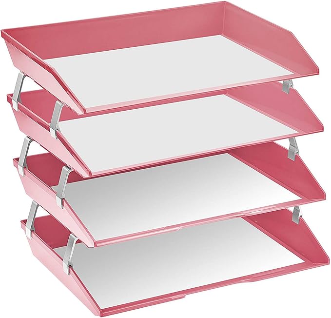 Acrimet 4 Tier Side Load Letter Tray Facility, Desktop File Organizer, A4 Letter Size Paper Organizer, Minimalist Storage Solution Paper Tray for Office, Home, Classroom (Plastic, Solid Pink Color)