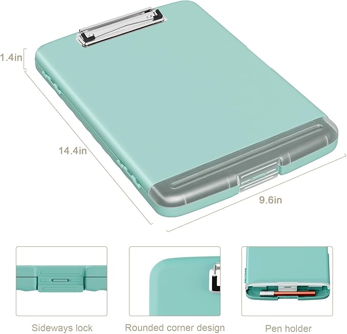 Piasoenc Clipboard with Storage, 8.5 x 11 Organization Box with Pen Holder and A4 Legal Paper Folder, Heavy Duty Plastic, Folio & Side-Opening, Low Profile Clip, for Nurses, Teachers, Teal