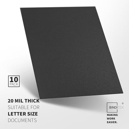 Binditek 10 Pack 20 Mil Sand-Textured Polycover - Super Heavyweight for Business Reports and Proposals - Lightly Textured Sand Finish - with Square Corners, Un-Punched, Black Color, Office Supplies
