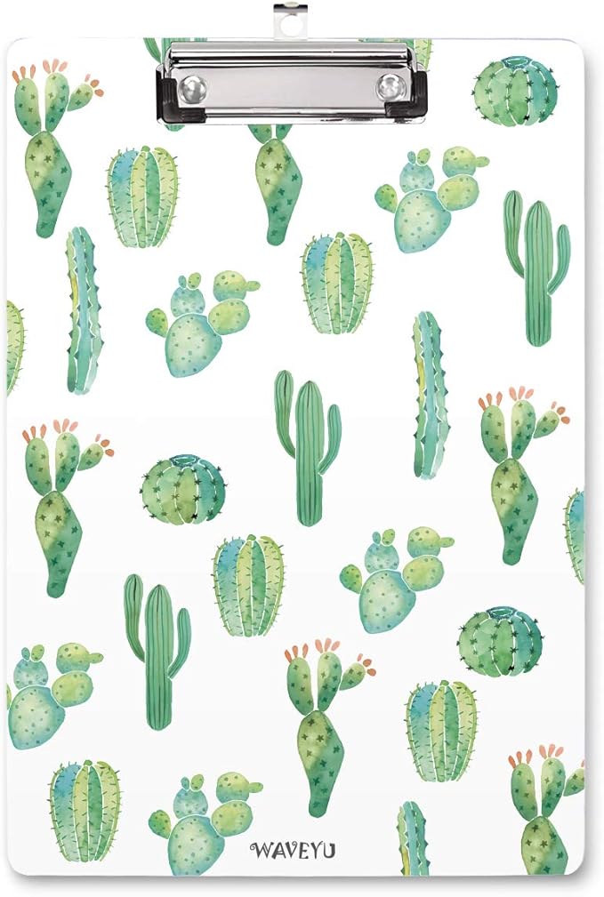 WAVEYU Clipboard, Cute Clipboard, Letter Size Decorative Clipboard Cactus Design with Low Profile Clip, Retractable Key Hole for Hanging Paperboard for Office School, Cactus (12.5"x9")