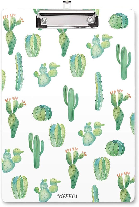 WAVEYU Clipboard, Cute Clipboard, Letter Size Decorative Clipboard Cactus Design with Low Profile Clip, Retractable Key Hole for Hanging Paperboard for Office School, Cactus (12.5"x9")