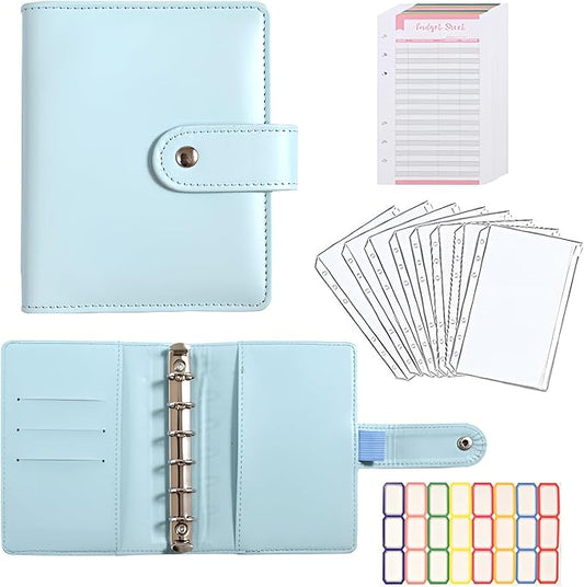 A7 Budget Binder Set - Mini Money Organizer for Cash Saving, Cash Stuffing Envelope System, Planner Binders with Pockets, Sheets and Stickers, Blue