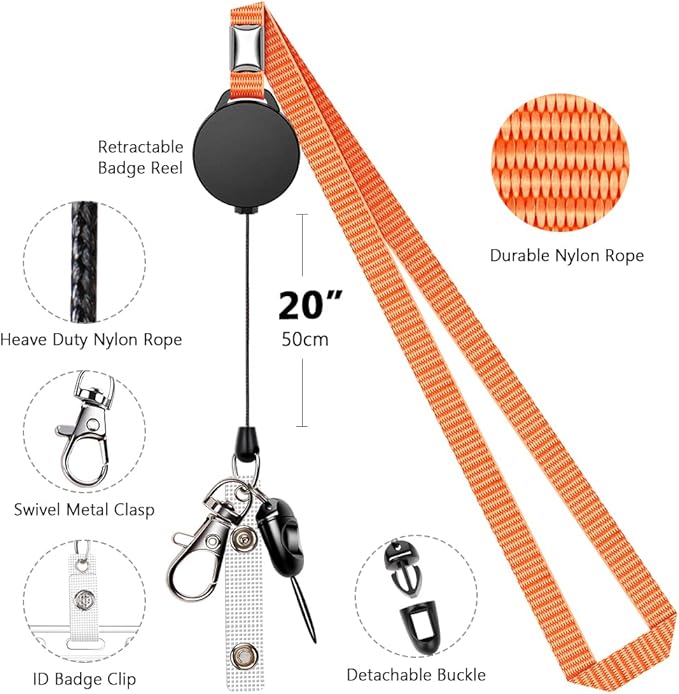 6 Pack Retractable Badge Lanyards and ID Badge Holder, Strap Lanyard with Swivel Metal Clasp for Badge Holders, Keychains, Offices, Staff, Students, Employees, Orange