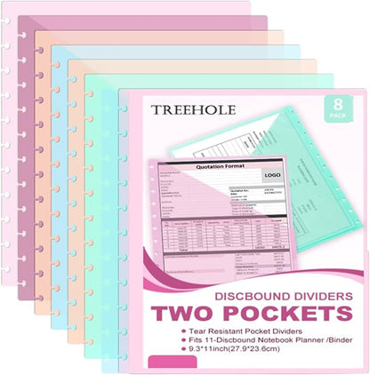 8 PCS Discbound Dividers Letter Size Disc Planner 2 Pocket Fit Letter Size 8.5" x 11" Paper Notebook with Pockets 11 Disc Folder for Office Home School