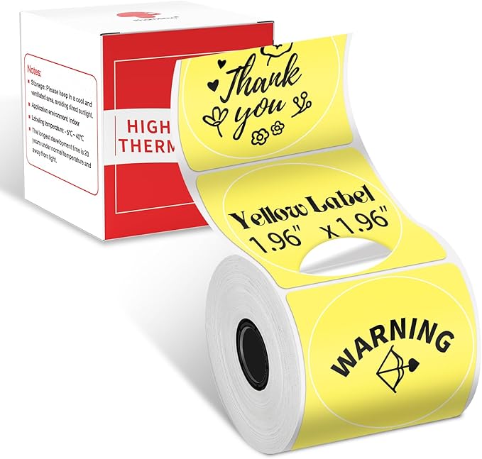 Phomemo Circle Sticker Label Compatible with M110/M100/M220/M250/M120/M150/M200 Label Maker, Round Thermal Label, 1.96" x 1.96"(50x50 mm), Black on Yellow