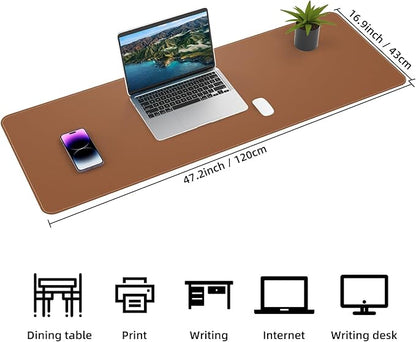 Leather Desk pad Protector, Large Desk mat with Natural Cork & PU Leather,Mouse pad,Non-Slip Office Desk Mat,Waterproof Desk Writing Pad for Office and Home (47in*17in, Brown)