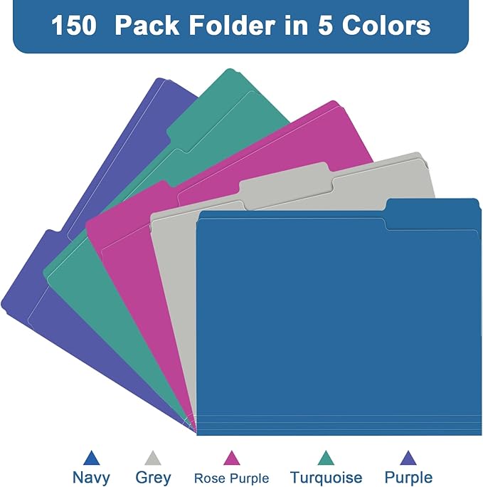 File Folder, RAZCC 150 Pack 1/3 Cut Tab File Folders Letter Size, Colored File Folders for Office Classroom Use, Colored Folders with Tabs, Assorted 5 Colors