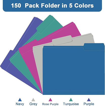 File Folder, RAZCC 150 Pack 1/3 Cut Tab File Folders Letter Size, Colored File Folders for Office Classroom Use, Colored Folders with Tabs, Assorted 5 Colors