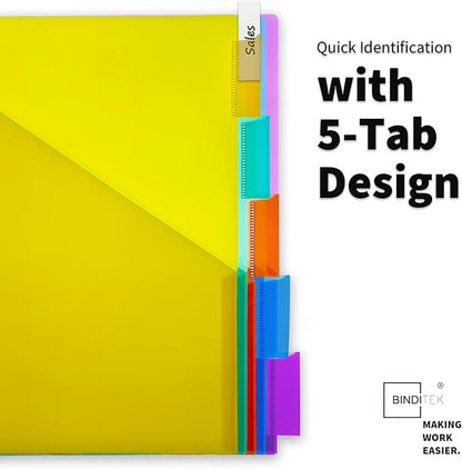 Binditek 12 Set Plastic 5-Tab Binder Dividers with Front Pocket, Tab Insertable Poly Pocket Dividers for 3 Ring Binders, Letter Size, Multicolor, for Students and Coworkers