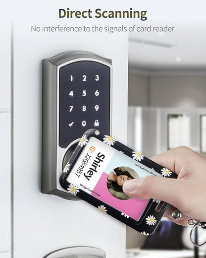 Uniclife Floral Sliding Badge Holder White Flower Plastic Case with Retractable Badge Reel Carabiner Clip & Detachable Lanyard Strap Fashionable Vertical Card Protector for Women Nurse Teacher Student