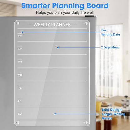 Acrylic Weekly Planner Board Meal Planner Magnetic Menu Board for Kitchen Fridge w/ 8 Markers, Clear Weekly Calendar Planning Dry Erase Board Noteboard to Do Grocery Shopping List, 12x9’’