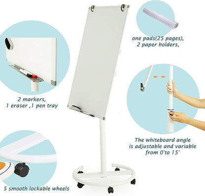 Mobile Dry Erase Board Portable Flipchart Easel Magnetic Whiteboard with Paper Pad on Wheels for Home Office (28"x40")…