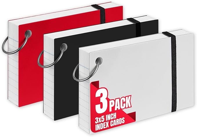 1InTheOffice Index Cards with Ring 3x5, Flash Cards with Binder Ring, Single Hole Punched Notecards, 65 Cards, 3 Pack