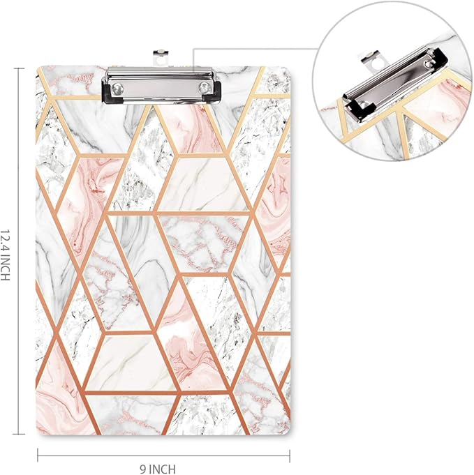 WAVEYU Marble Clipboard Decorative for Office, Cute Clipboard Hardboard with Low Profile Clip Designed for Middle High School College Student Girl Women Adult Teen Gift, Pink+Gold (12.5"x8.5")