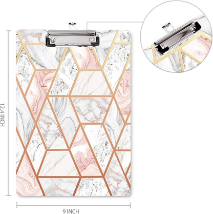 WAVEYU Marble Clipboard Decorative for Office, Cute Clipboard Hardboard with Low Profile Clip Designed for Middle High School College Student Girl Women Adult Teen Gift, Pink+Gold (12.5"x8.5")