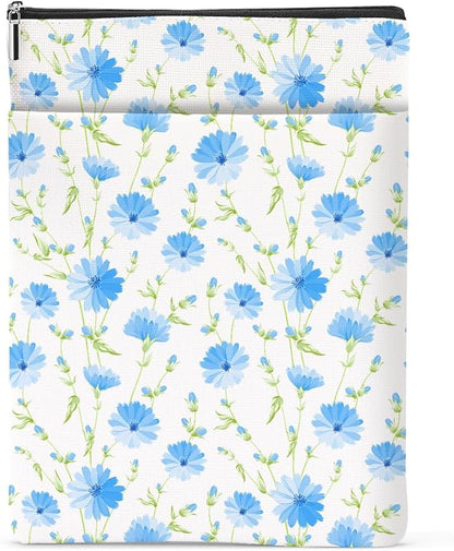 Blue Flowers Pattern Book Lovers Gifts Waterproof Book Sleeve Book Pouch Book Protector with Zipper and Front Pocket BookCover Case for Women Best Friend Sister Book Accessories Book Club Gifts