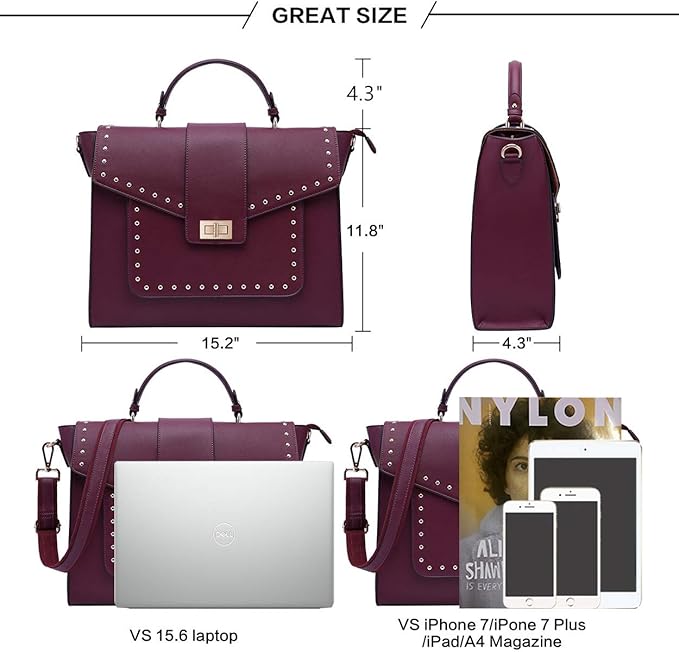 EaseGave Laptop Bag for Women, 15.6 Inch Burgundy Briefcase with Detachable Strap, Roomy Laptop Tote with Size Guide, Professional Messenger Bag