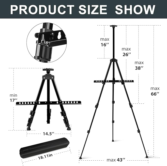 AROIC 1 Pack Art Painting Display Easel Stands,Portable Adjustable Aluminum Metal Tripod Artist Canvases Height from17 to 66 Inch Extra Sturdy forTable-Top/Floor Painting. Black with 1 Storage Bag