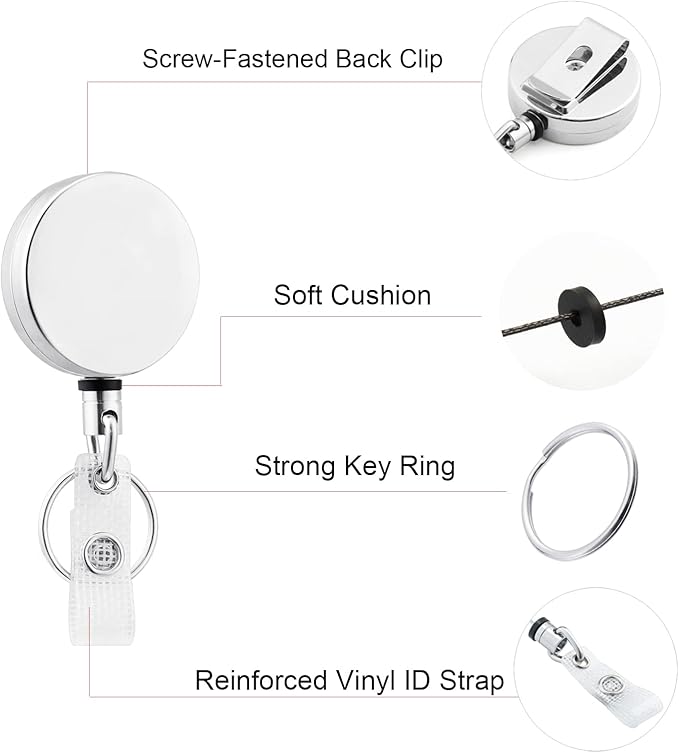 Will Well ID Badge Holder Reel with Clip and Keyring - Heavy-Duty All-Metal Casing with 27.5"UHMWPE Fiber Pull Cord for Durability and Easy Access, Holds up to 8 Keys - 2-Pack, Round, Glossy Silver