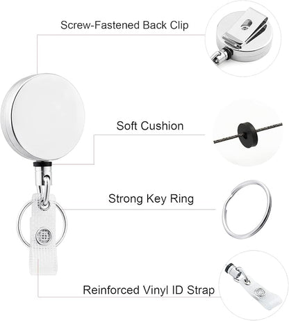 Will Well ID Badge Holder Reel with Clip and Keyring - Heavy-Duty All-Metal Casing with 27.5"UHMWPE Fiber Pull Cord for Durability and Easy Access, Holds up to 8 Keys - 2-Pack, Round, Glossy Silver