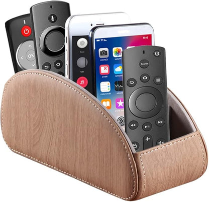 All-in-One Leather TV Remote Control Holder with 5 Compartments Nightstand Desktop Air Conditioner Media Player Remote Caddy Storage Box Organizer Tray For Makeup Brush Pen Stationary Table Controller