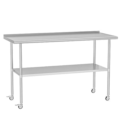 Stainless Steel Table with Wheels 30 x 60 Inches Metal Food Prep Table with Backsplash & Adjustable Undershelf, Utility Table for Kitchen, Outdoor, Restaurant, Bar & Garage