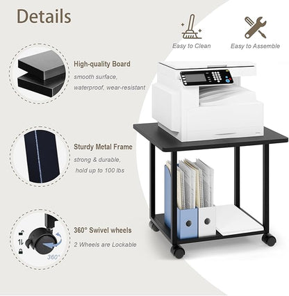 MARTY 22"x15.75" Large Under Desk Printer Stand with Storage Shelf 2-Tier Rolling Printer Cart with Wheels Printer Table for Home Office Heavy Duty Storage Rack for Scanner Fax Machine, Black