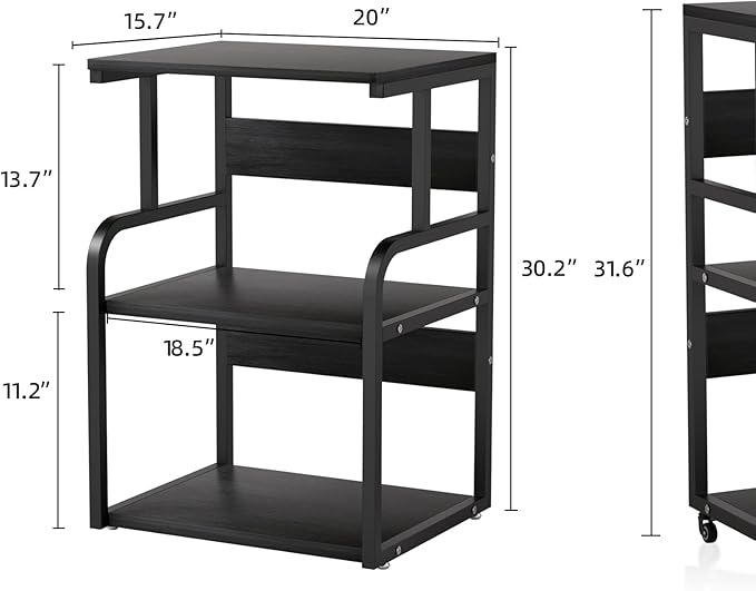 Large Printer Stand with 3-Tier Wood Storage Shelves -Multi-Purpose Desk Organizer- for Printer Scanner Fax Home Office Use with Wheels (Black)