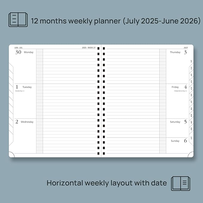 POPRUN Planner 2025-2026, Horizontal Weekly Notebook Jul.25-Jun.26 (Large 8.5''x 10.5''), Academic Calendar Book with Monthly Tabs, Spiral Soft Cover, Inner Pocket, 100 GSM - Pacific Green