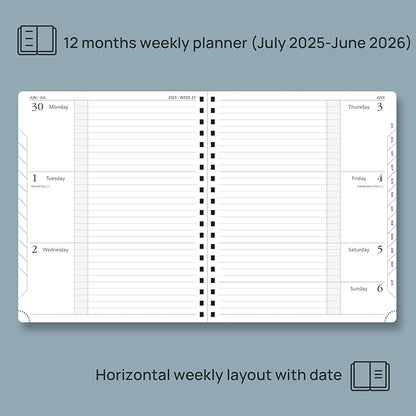 POPRUN Planner 2025-2026, Horizontal Weekly Notebook Jul.25-Jun.26 (Large 8.5''x 10.5''), Academic Calendar Book with Monthly Tabs, Spiral Soft Cover, Inner Pocket, 100 GSM - Lavender