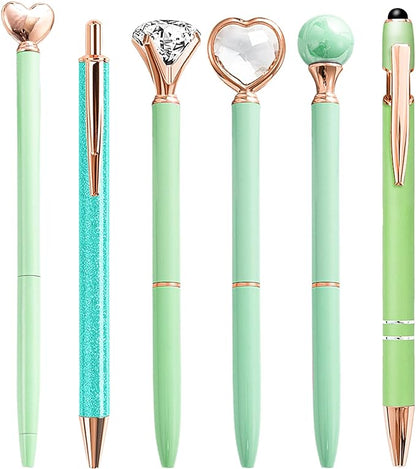 Teacher Pens, 6 Pcs Green Pens Cool Pens Ballpoint Pens Bulk, 1.0mm Medium Point Black Ink Pens Diamond Pens with Crystal, Office and School Supplies Nice Pens Gifts for Women (Green)