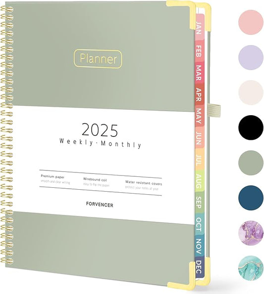 Forvencer 2025 Planner, Hardcover Weekly and Monthly Planner, January 2025 - December 2025, 8.5" x 11", Spiral Calendar Planner with Tabs, Exquisite Daily Organizer Notebook with Inner Pocket, Agenda Journal for Office Home School, A4 Size, Green